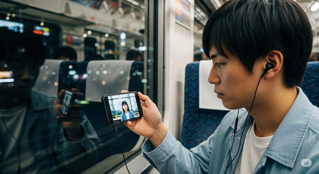スマートフォンでショートドラマを視聴する日本人男性。「最弱無敗の転校生」はどこで見れるか探している視聴者。