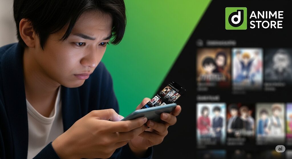 最弱無敗の転校生はどこで見れるかを探し、dアニメストアで配信されていないことに落胆する日本人。スマートフォンでアニメストアの画面を見ている様子。