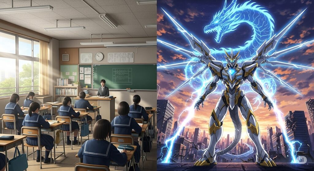 最弱無敗の転校生の視聴方法で混同されがちな、実写の学校とアニメの巨大ロボットが対比された画像。