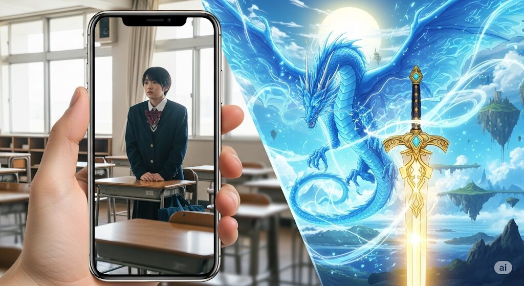最弱無敗の転校生がスマホで視聴できる実写ドラマであることを示し、ファンタジー系アニメと区別する視覚的な対比画像。