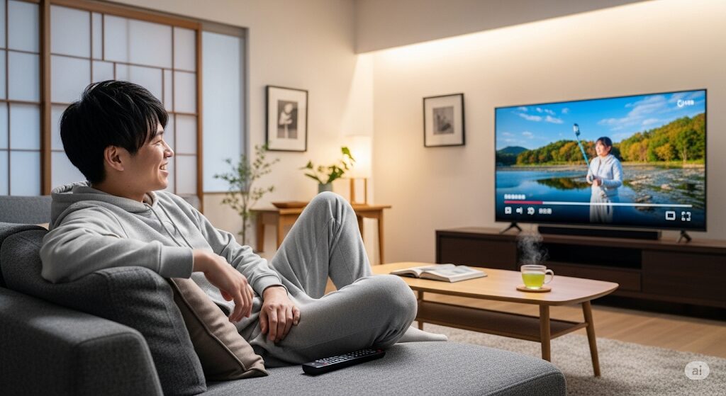 ソファでリラックスしながら「最弱無敗の転校生」を大画面テレビで無料で楽しむ日本人。全話無料視聴の可能性を示唆。