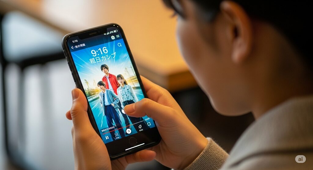 スマートフォンで縦型ショートドラマ「最弱無敗の転校生」をスワイプして視聴する日本人。SWIPEDRAMAアプリでどこで見れるかを示唆。