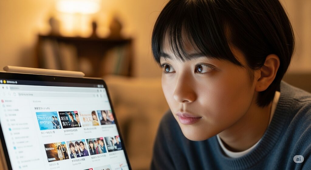 タブレットで「最弱無敗の転校生」のような人気ドラマの視聴場所を検索する日本人。どこで見れるか探している様子。