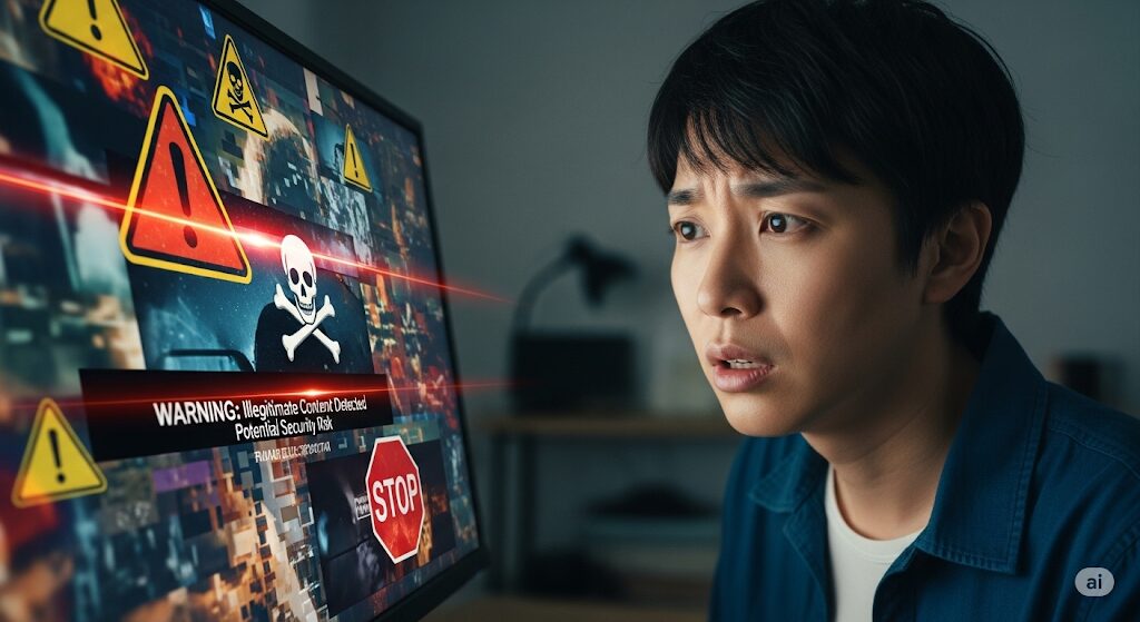 違法アップロード動画の危険性を示す警告画面を見て不安そうな表情の日本人。「最弱無敗の転校生」を安全にどこで見れるかを促す。