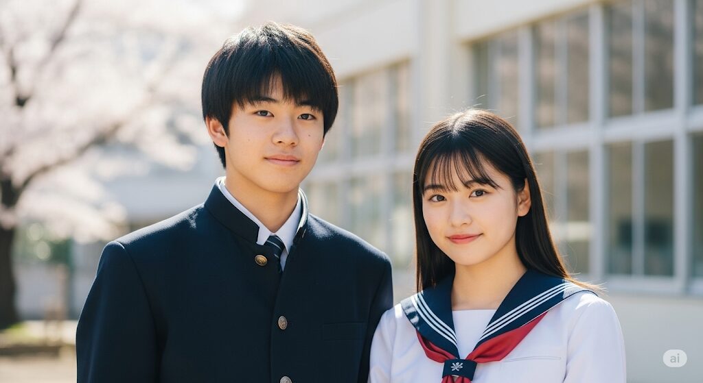 日本の高校生男女が並んで立つ。ショートドラマ「最弱無敗の転校生」の主要キャストとヒロイン。