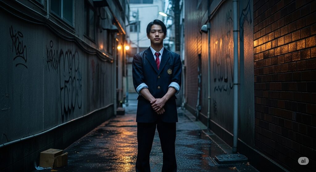 暗い路地に立つ日本の高校生。ショートドラマ「最弱無敗の転校生」の主人公が隠された強さを見せる瞬間。