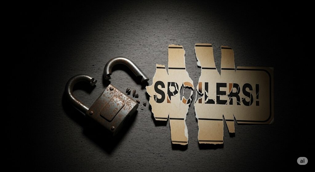 壊れた南京錠と破れた「SPOILERS!」の文字。ショートドラマ「最弱無敗の転校生」の結末ネタバレに関する注意。