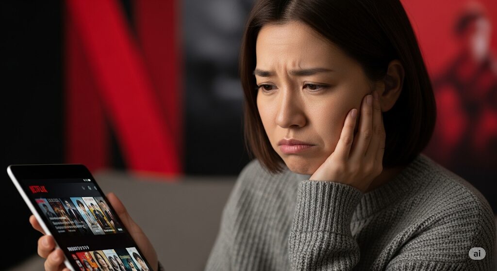 最弱無敗の転校生がどこで見れるかを探し、Netflixで配信されていないことに落胆する日本人女性。タブレットにNetflixの画面が表示されている。
