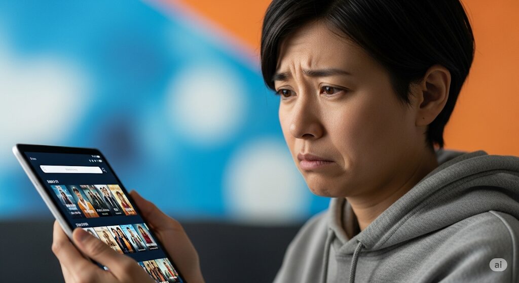 最弱無敗の転校生はどこで見れるかを探し、Prime Videoで配信されていないことに落胆する日本人男性。タブレットにPrime Videoの画面が表示されている。