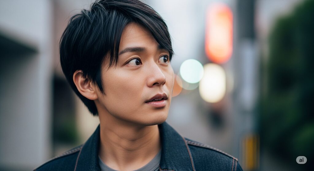 知的好奇心に満ちた表情で何かを見つめる日本人の男性。ユーザーの「知りたい」という気持ちを表現する画像。