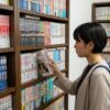 漫画が並ぶ本棚で『少女椿』はどこで読めるか探している若い女性
