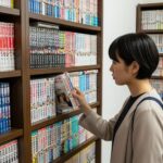 漫画が並ぶ本棚で『少女椿』はどこで読めるか探している若い女性