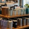 「スタバのリユーザブルカップはどこで買える？」スタバ店舗の棚に並ぶ豊富なリユーザブルカップ。購入場所を明確に示唆する画像。