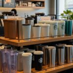 「スタバのリユーザブルカップはどこで買える？」スタバ店舗の棚に並ぶ豊富なリユーザブルカップ。購入場所を明確に示唆する画像。