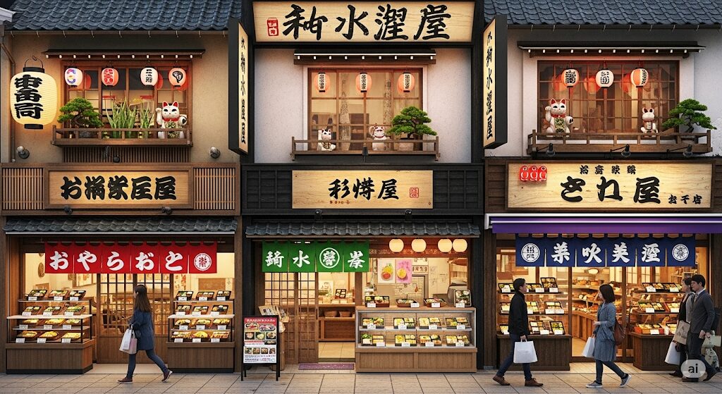 津多屋の弁当はどこで買えるか、様々なお弁当屋さんの店構えをイメージした画像。