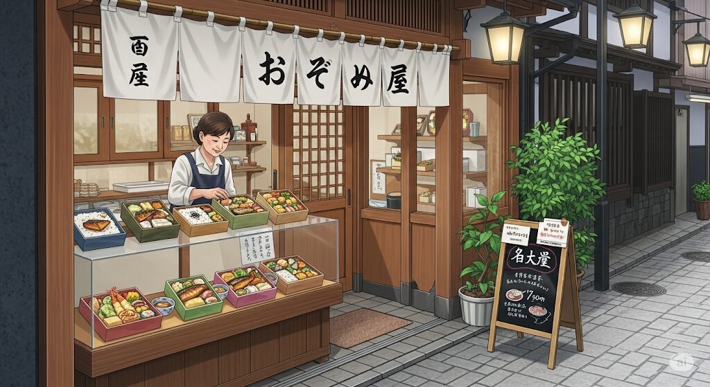 津多屋の弁当が買える練馬区の直営店をイメージした、趣のあるお弁当屋さんの画像。