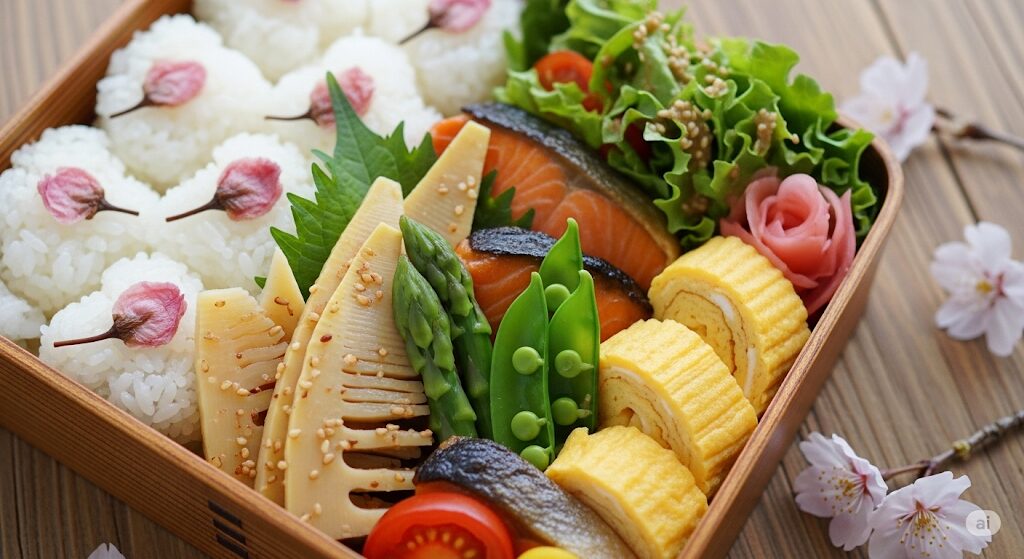 春の季節限定で買える津多屋の筍ご飯弁当。桜の花びらが飾られたおにぎりと、筍や鮭、アスパラなど旬の食材が美しい。