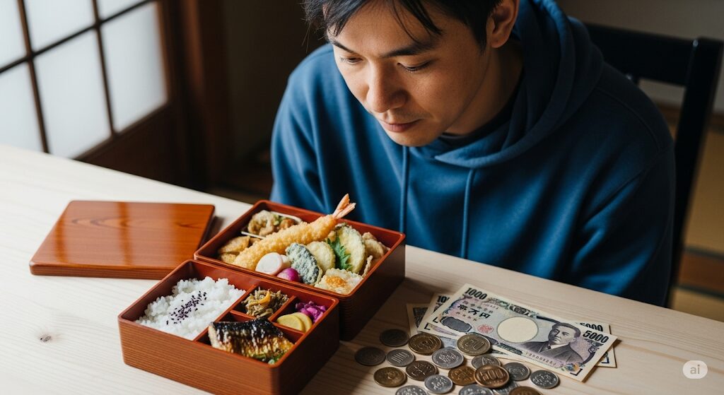 弁当の値段を考えている男性。目の前には豪華な幕の内弁当と、日本の紙幣や硬貨が置かれている。