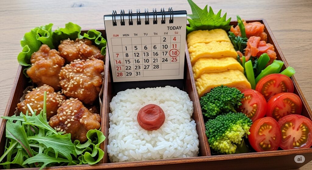 賞味期限が当日の手作り弁当。「TODAY」と記されたカレンダーが、弁当の新鮮さと購入日に食べる重要性を示している。