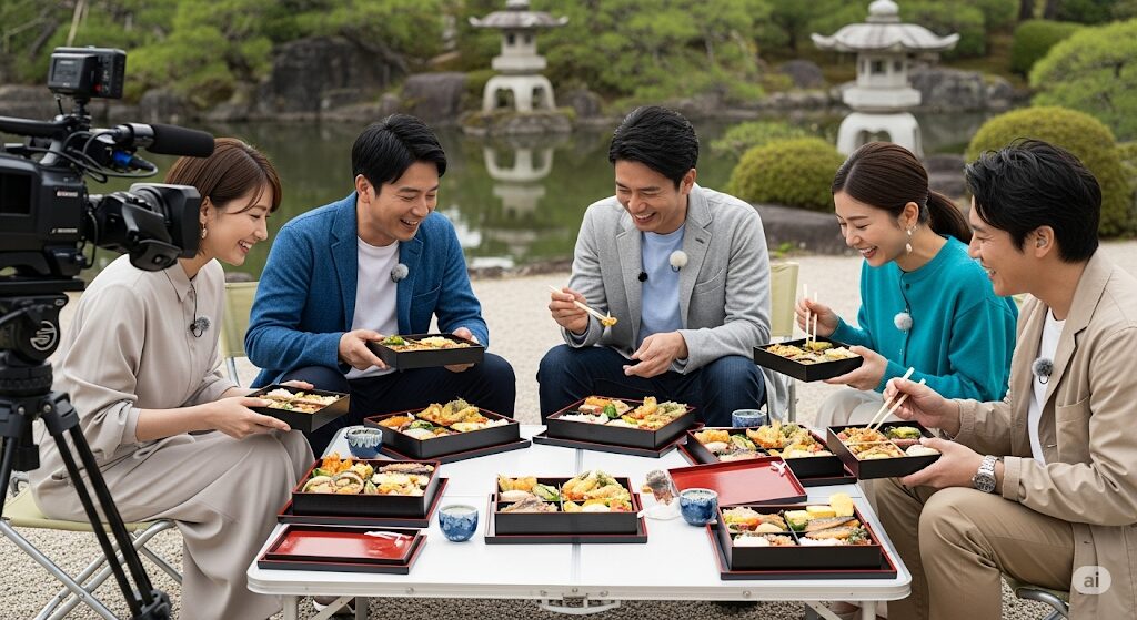 テレビのロケーション撮影で津多屋の弁当を食べる日本の芸能人たち。和やかな雰囲気で食事を楽しんでいる。