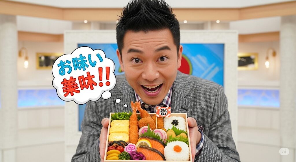 日本のテレビタレントが「美味い!」と絶賛しているお弁当。多くの芸能人が支持する人気の味を表現しているイメージ。