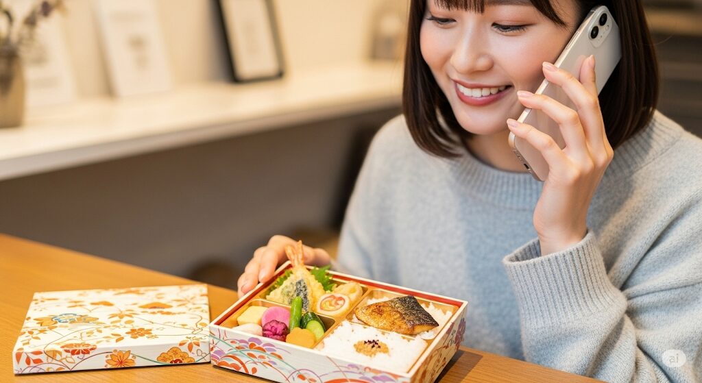 津多屋の弁当を電話で予約する女性。一個からでも気軽に注文できるので、どこで買えるかお探しの方におすすめです。