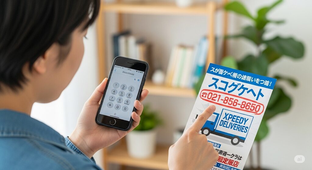 津多屋の弁当の配達について電話で問い合わせる男性。どこで買えるかだけでなく、配達条件などを知りたい時に便利です。