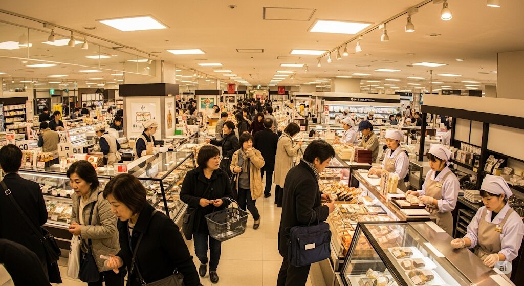 津多屋の弁当が買える池袋西武のデパ地下。活気ある売り場の様子。