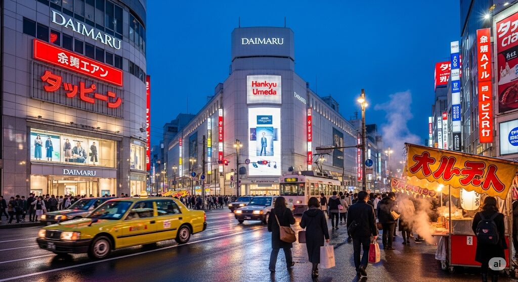 大阪のデパートでは津多屋の弁当が買えないことを表現した、大阪の街並みの画像。