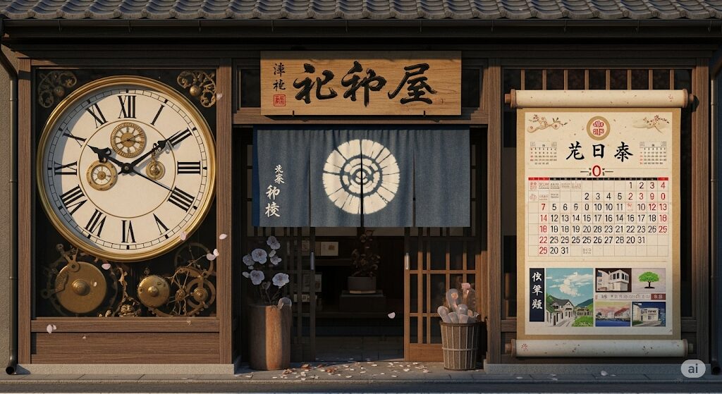 津多屋の弁当を買える時間や定休日をイメージさせる、時計とカレンダーが置かれた店先の画像。