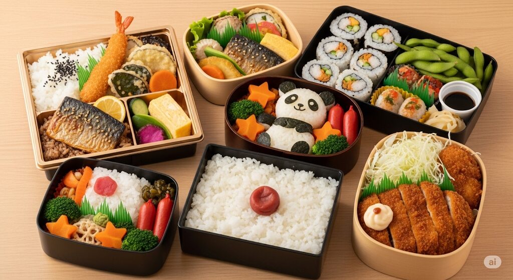 津多屋で買える人気の定番弁当。海苔弁やカツ弁当、彩り豊かな幕の内弁当などがテーブルに並んでいる様子。