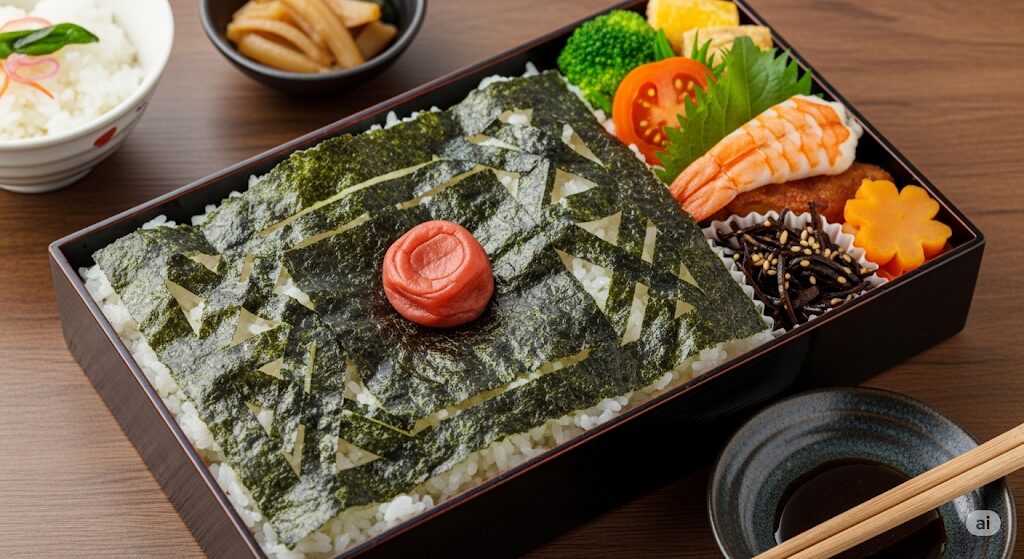津多屋の看板商品である海苔弁当。ご飯を覆う海苔の上には梅干しが乗っており、おかずにはエビフライや煮物も見える。
