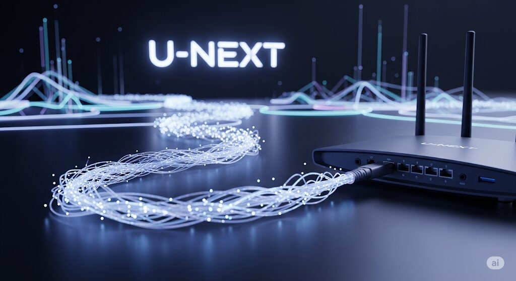 コミュファ光の高速光回線とU-NEXTの連携を表す画像。U-NEXT コミュファ光のサービス概要を示す。