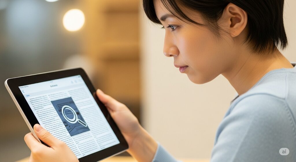 U-NEXTコミュファ光の特典やキャンペーン情報をタブレットで詳しく確認する日本人。