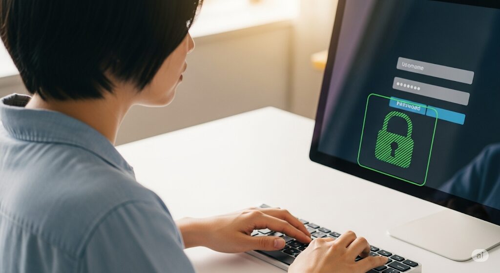 U-NEXTコミュファ光への安全なログイン手続きを行う日本人。パスワードを入力する様子。