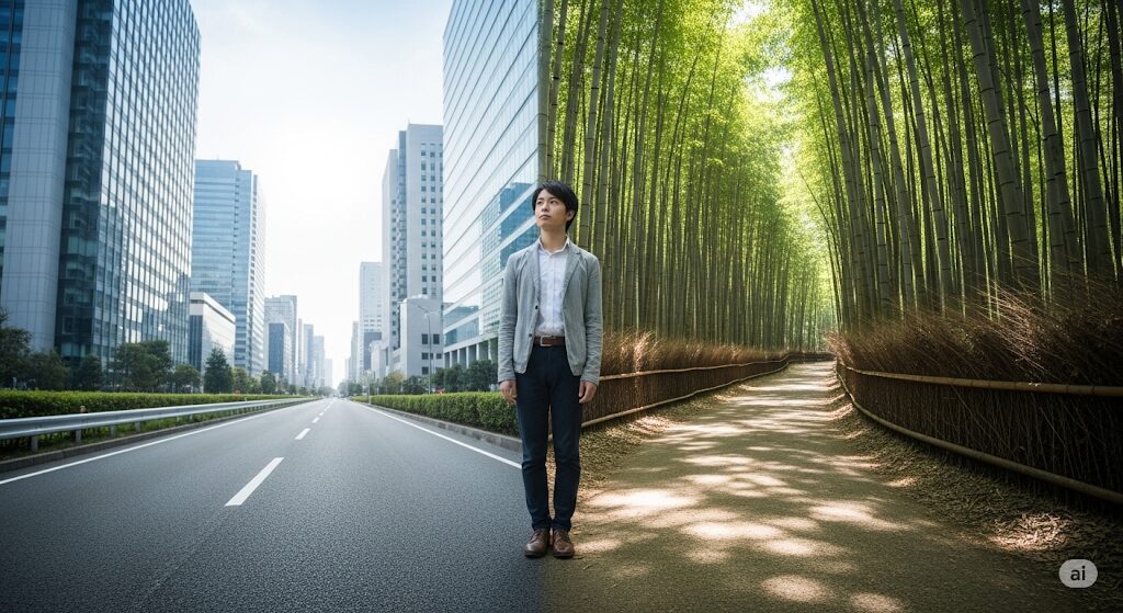 U-NEXT コミュファ光への乗り換えを検討中の日本人男性が、都会の道と自然の道の岐路に立ち考える様子。
