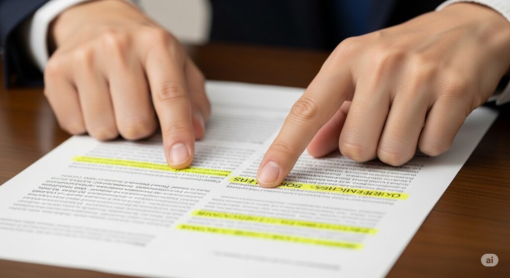 U-NEXT コミュファ光の契約前に、書類の重要事項に指をさして確認している日本人の手のクローズアップ。