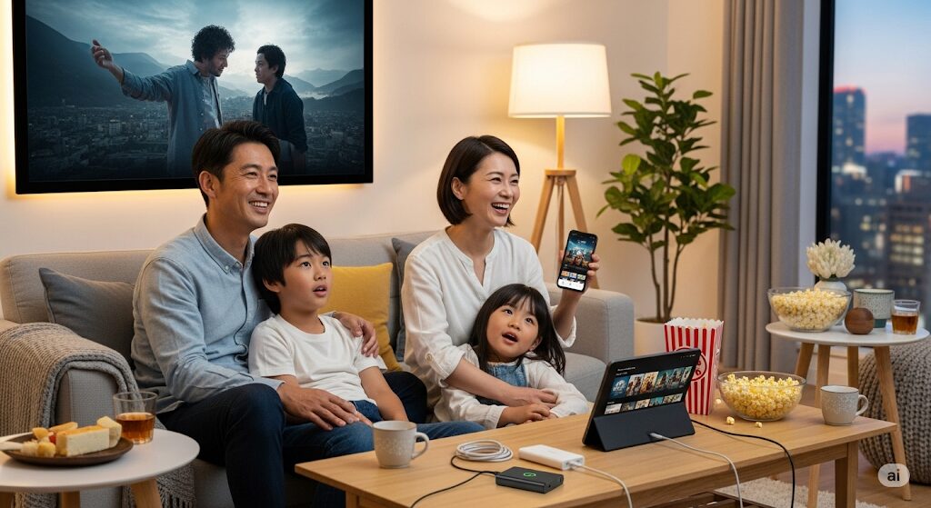 U-NEXT コミュファ光のマルチデバイス対応や家族利用の利点を表現する、映画を楽しむ日本人家族の画像。