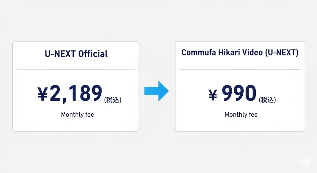 U-NEXT公式とコミュファ光ビデオの料金体系を比較し、U-NEXT コミュファ光のお得さを強調する画像。