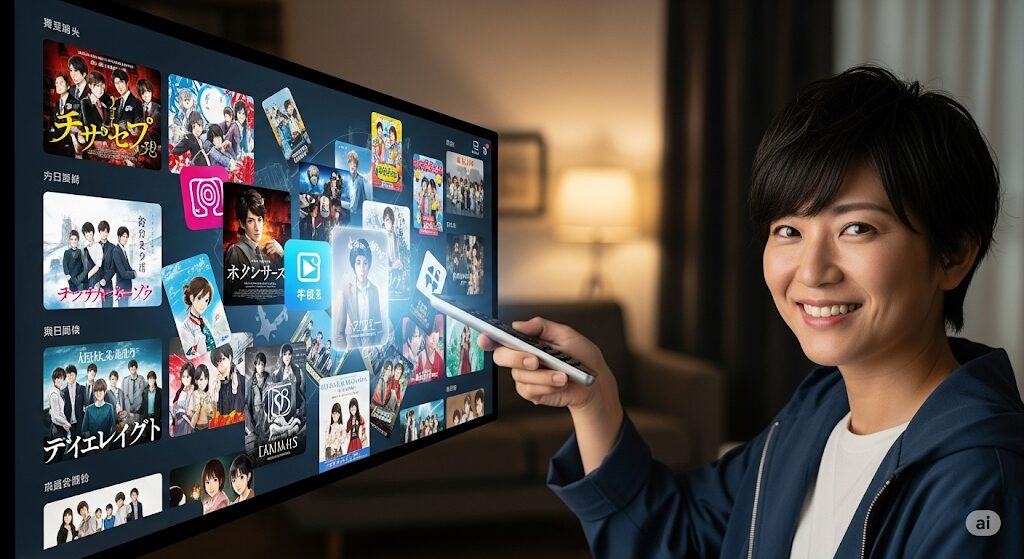 U-NEXT コミュファ光で楽しめるアニメ、ドラマ、映画の豊富なコンテンツラインナップを示す画像。