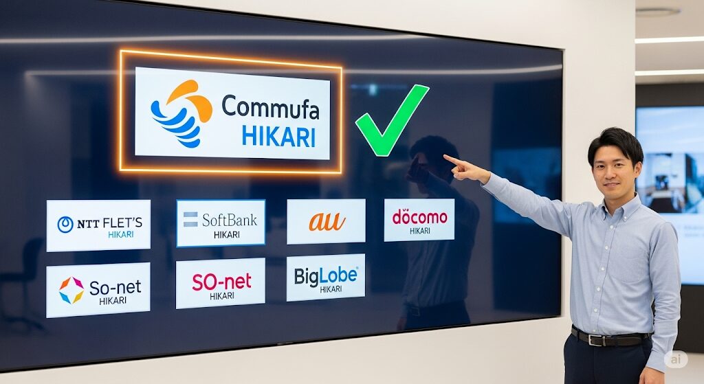 コミュファ光と他社インターネット回線の違いを比較し、U-NEXT コミュファ光の優位性を示す日本人男性の画像。