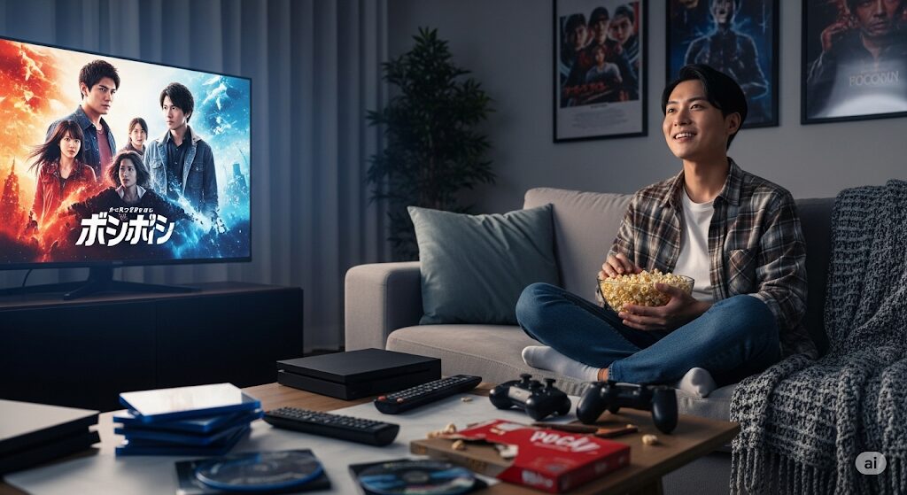 コミュファ光の月額プラン990でU-NEXTの映画やドラマを大画面で楽しむ日本人。豊富なコンテンツを満喫する様子。