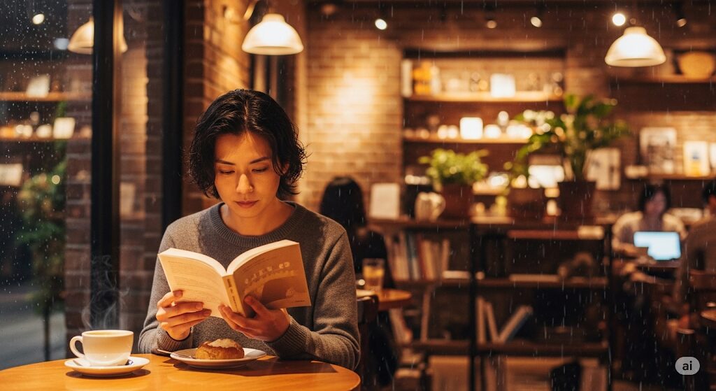 どこで読める？カフェでくつろぎながら本を読む日本人の女性。居心地の良い空間で読書を楽しむ様子。